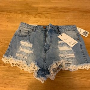 Forever21 lace trim frayed denim high rise shorts
